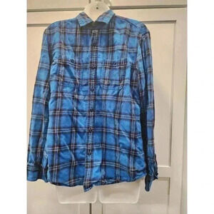 American Eagle Prep Fit Blue Plaid Flannel Shirt Size M Button Up Long Sleeve